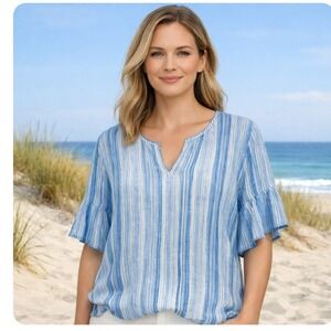 Tahari 3x Blue White Linen Striped Flutter Sleeve Top Coastal Lightweight Blouse